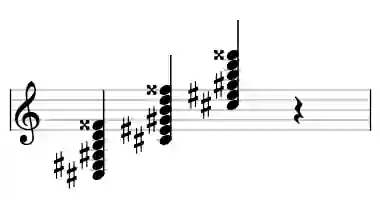 Sheet music of C# 7b9#11 in three octaves